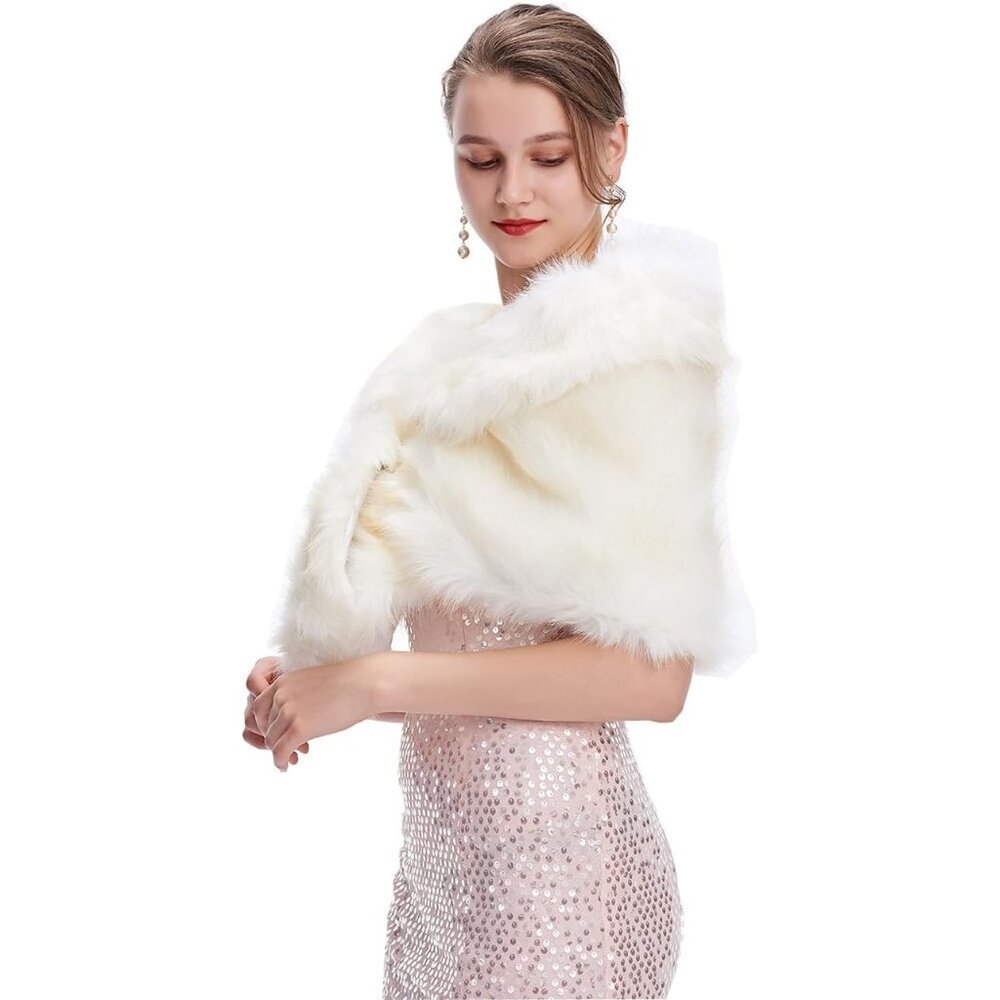 Women's Faux Fur Shawl Wrap Cape for Bridal Wedding Formal Events Blue - Picture 2 of 4